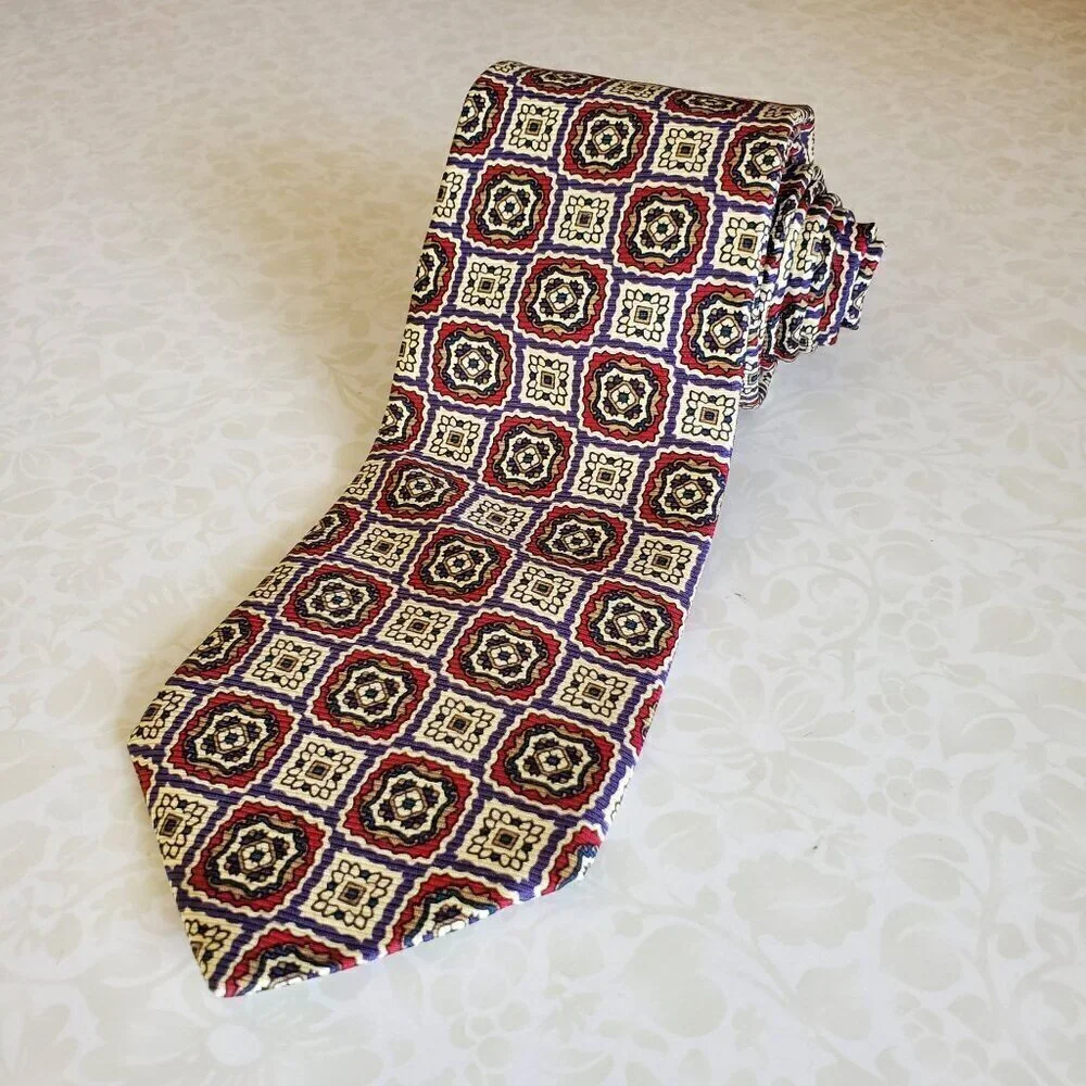 Vintage Liberty of London 100% Silk Tie Red Blue Beige Mens Necktie